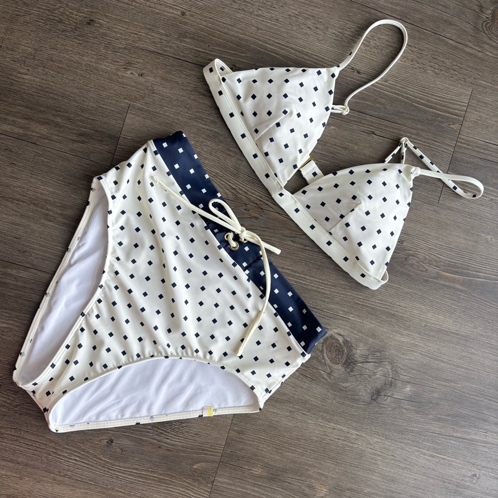 Summersalt The Lace-Up High Leg High Rise Bikini Bottom Square Dot in White Sand